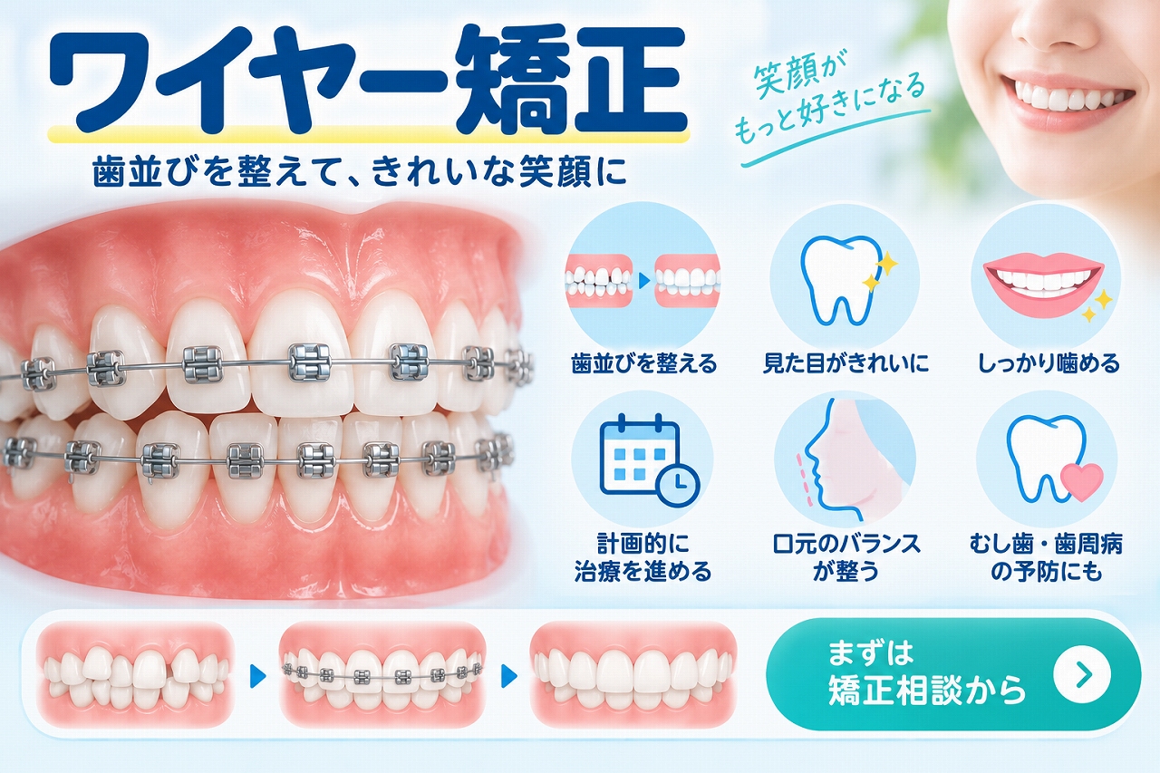 歯の表面にブラケットとワイヤーを装着して歯を少しずつ動かし、歯並びや噛み合わせを整えるワイヤー矯正を示した歯科イラスト