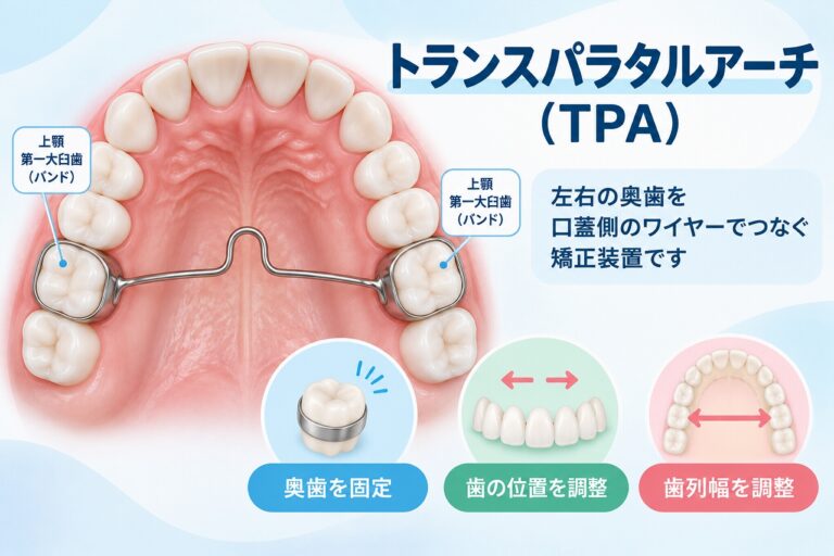 トランスパラタルアーチ（TPA）を上顎の咬合面から示し、左右の奥歯を口蓋側のワイヤーでつなぐ構造を解説した歯科イラスト