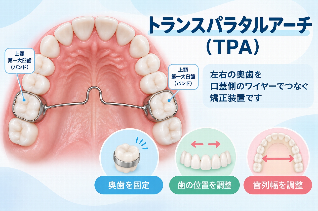トランスパラタルアーチ（TPA）を上顎の咬合面から示し、左右の奥歯を口蓋側のワイヤーでつなぐ構造を解説した歯科イラスト