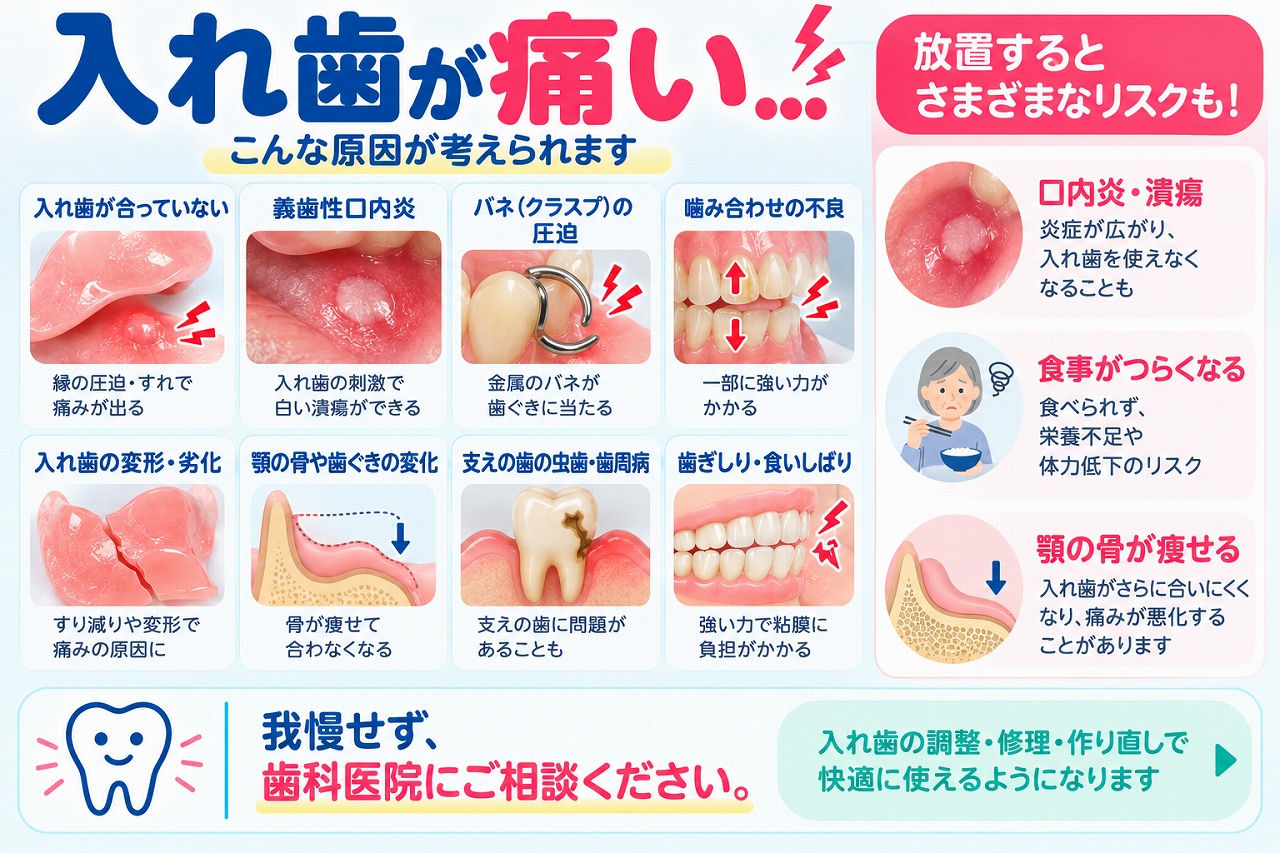 入れ歯が痛くなる原因として、不適合、義歯性口内炎、クラスプの圧迫、噛み合わせ、入れ歯の劣化、顎の骨や歯ぐきの変化などと、放置するリスクを示した歯科イラスト