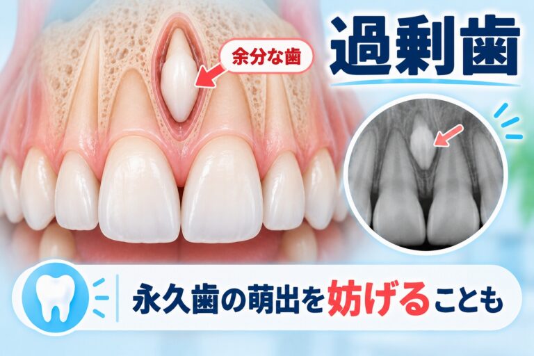 上顎前歯の間に埋伏した過剰歯と、レントゲンで確認できる正中過剰歯を示したイラスト