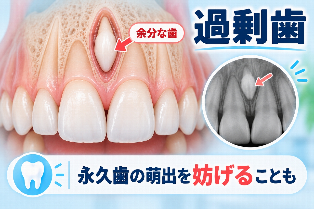 上顎前歯の間に埋伏した過剰歯と、レントゲンで確認できる正中過剰歯を示したイラスト