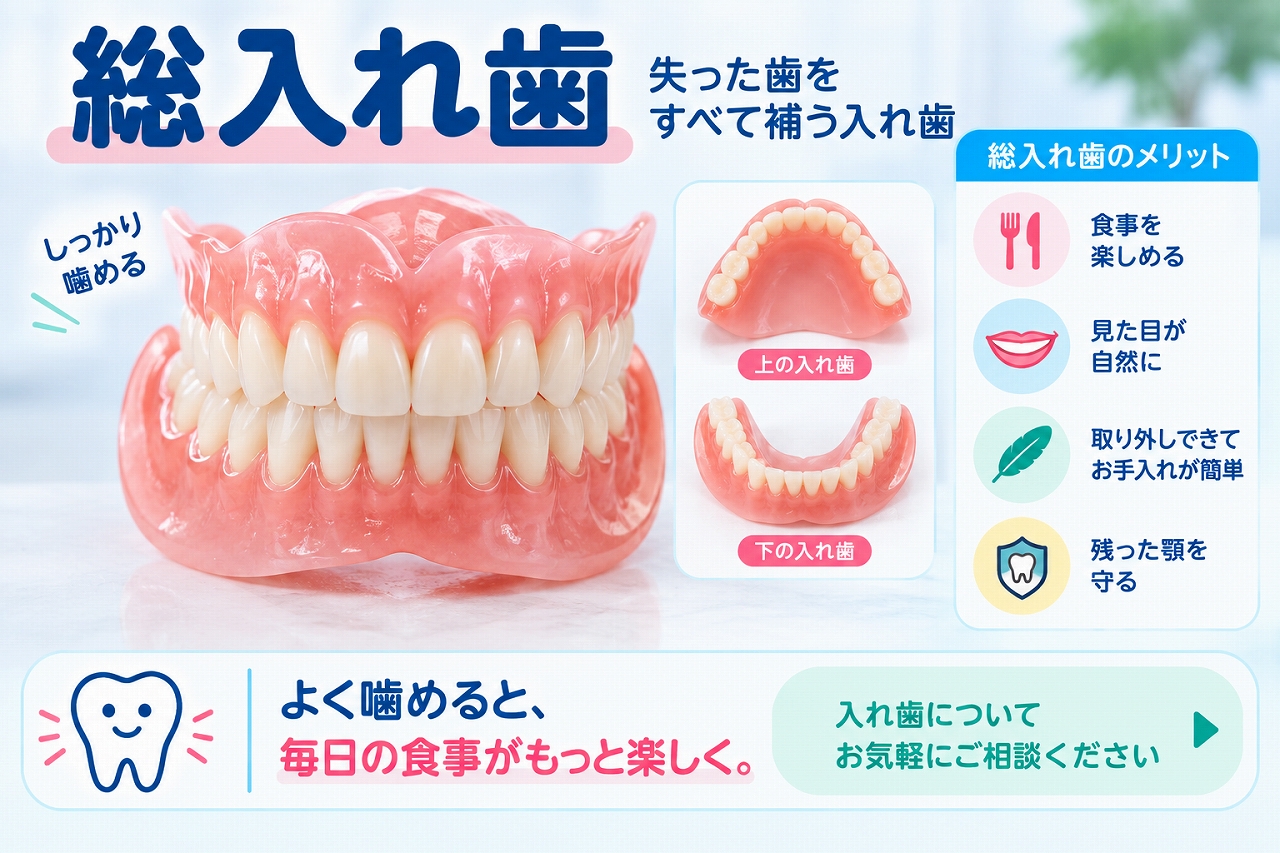 総入れ歯について、上顎と下顎の全部の歯を補う義歯の形と、噛む・見た目を整えるなどの役割を示した歯科イラスト