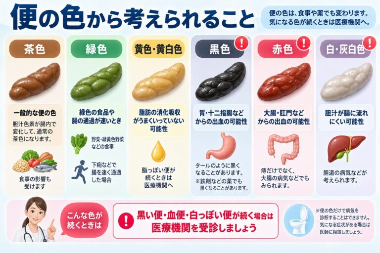 便の色から考えられること｜黒・赤・白・緑・黄色い便の原因