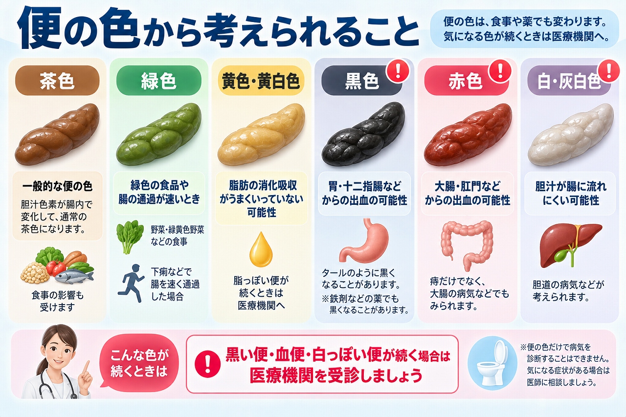 便の色を茶色・緑色・黄色や黄白色・黒色・赤色・白や灰白色に分け、食事や下痢、消化吸収異常、消化管出血、胆汁の流れなど考えられる原因を示した図