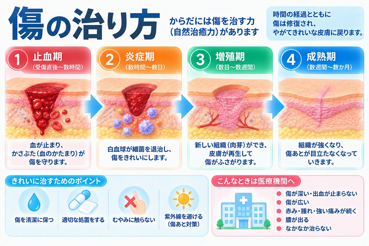 傷が治る過程を、出血を止める止血期、炎症細胞が働く炎症期、新しい組織や皮膚が形成される増殖期、組織が再構築され傷あとが成熟する成熟期の4段階で示した図