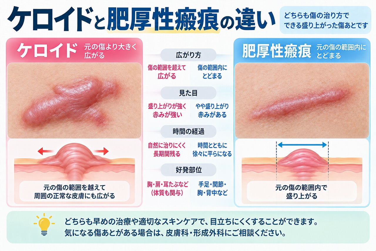 ケロイドと肥厚性瘢痕の違いを比較し、ケロイドは元の傷の範囲を超えて広がりやすく、肥厚性瘢痕は主に元の傷の範囲内で盛り上がる特徴を示した図