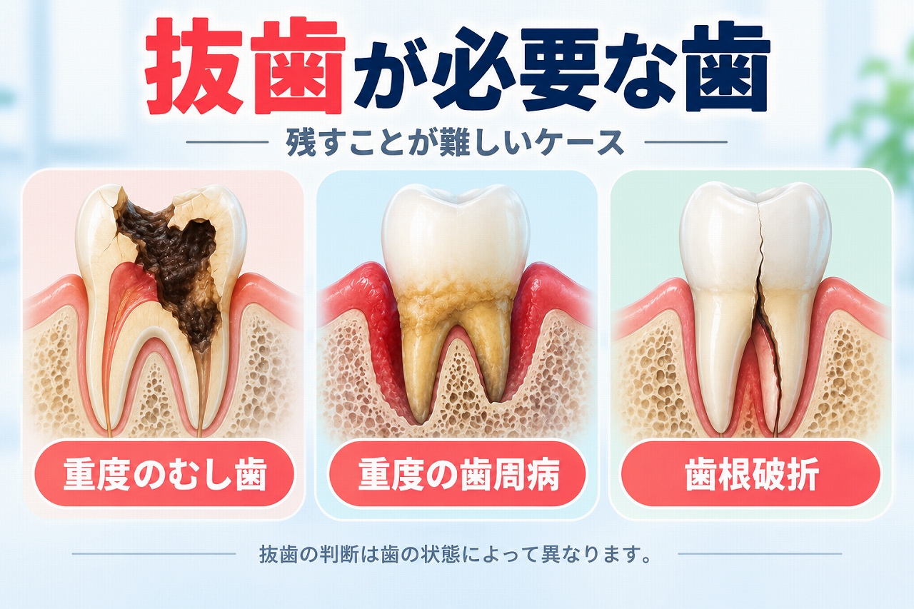 抜歯が必要になることがある重度のむし歯・重度の歯周病・歯根破折を比較したイラスト