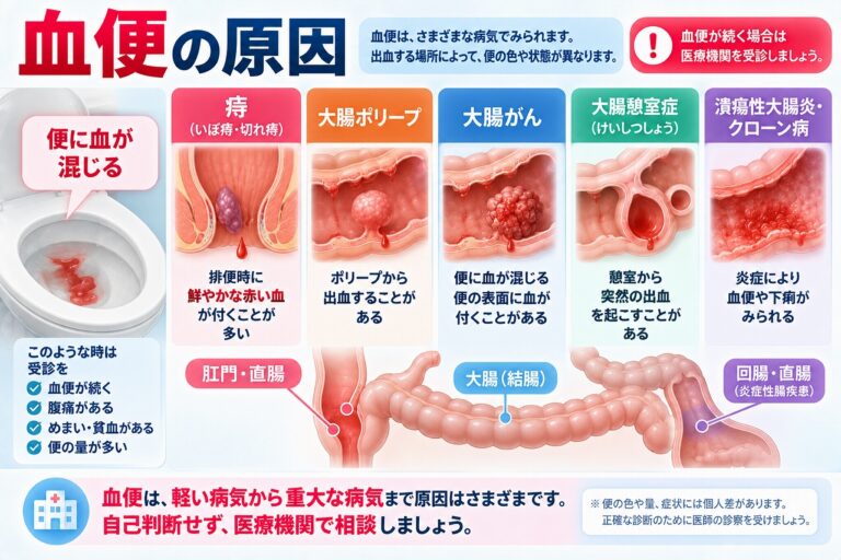 血便の主な原因として、痔・大腸ポリープ・大腸がん・大腸憩室症・潰瘍性大腸炎やクローン病などを示し、出血する部位との関係を解説した図