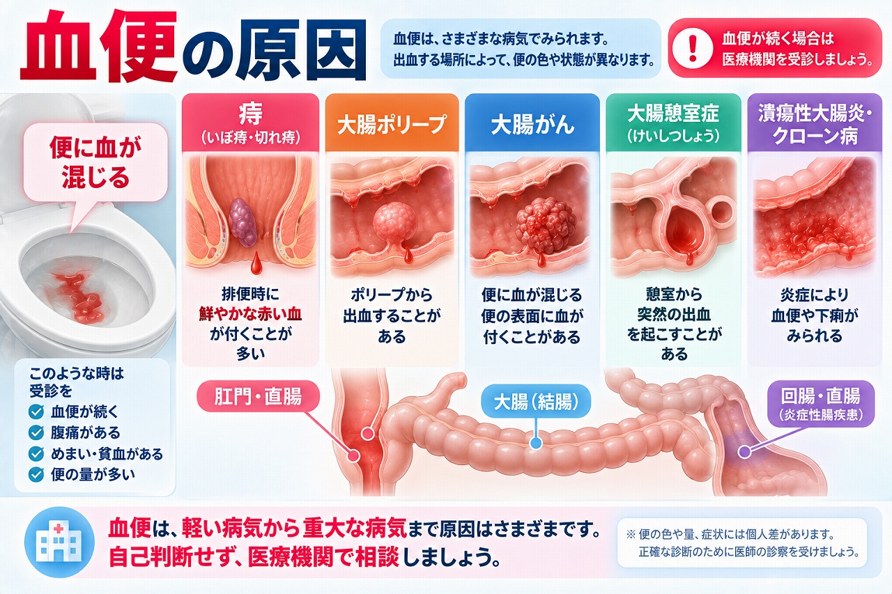 血便の主な原因として、痔・大腸ポリープ・大腸がん・大腸憩室症・潰瘍性大腸炎やクローン病などを示し、出血する部位との関係を解説した図