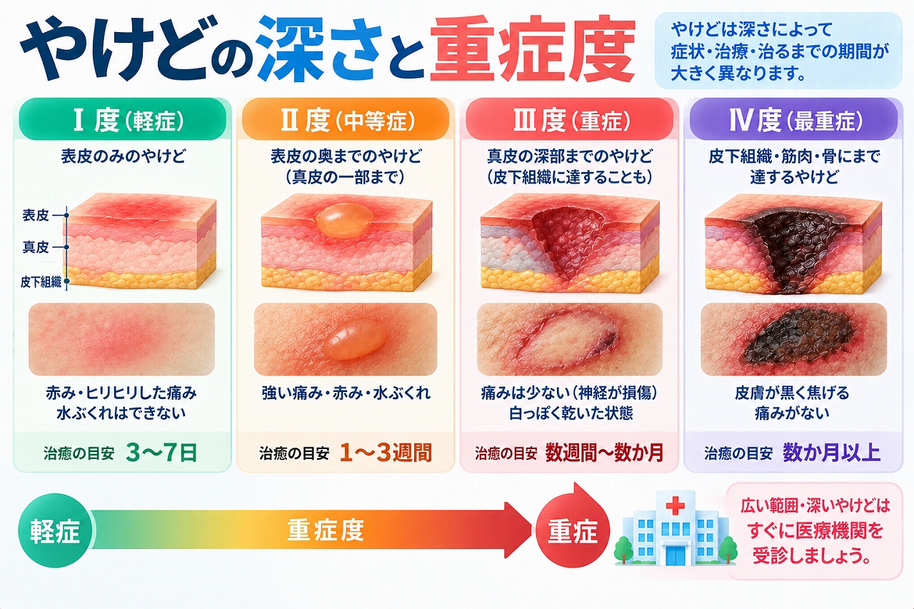 やけどの深さと重症度について、皮膚の損傷が表皮から真皮、皮下組織へ深くなるにつれて症状や治療が異なることを、Ⅰ度・Ⅱ度・Ⅲ度熱傷などの皮膚断面で比較した図