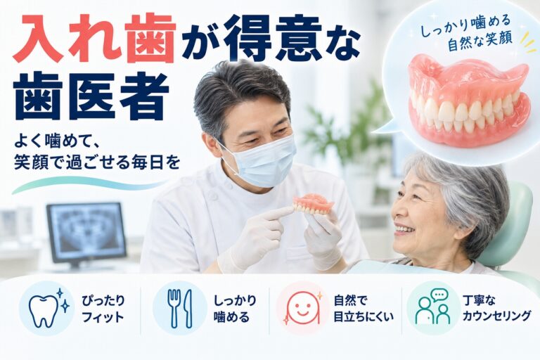 入れ歯が得意な歯医者について、患者に入れ歯を説明する歯科医師と、フィット感・噛みやすさ・自然な見た目・丁寧なカウンセリングのポイントを示したイメージ
