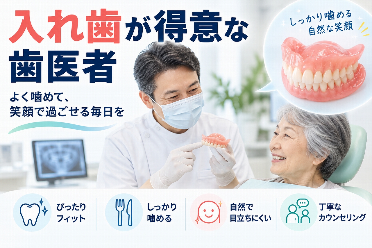 入れ歯が得意な歯医者について、患者に入れ歯を説明する歯科医師と、フィット感・噛みやすさ・自然な見た目・丁寧なカウンセリングのポイントを示したイメージ