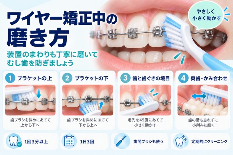 ワイヤー矯正中の歯磨きについて、ブラケットの上下や歯と歯ぐきの境目、奥歯を歯ブラシで磨く方法を示した歯科イラスト