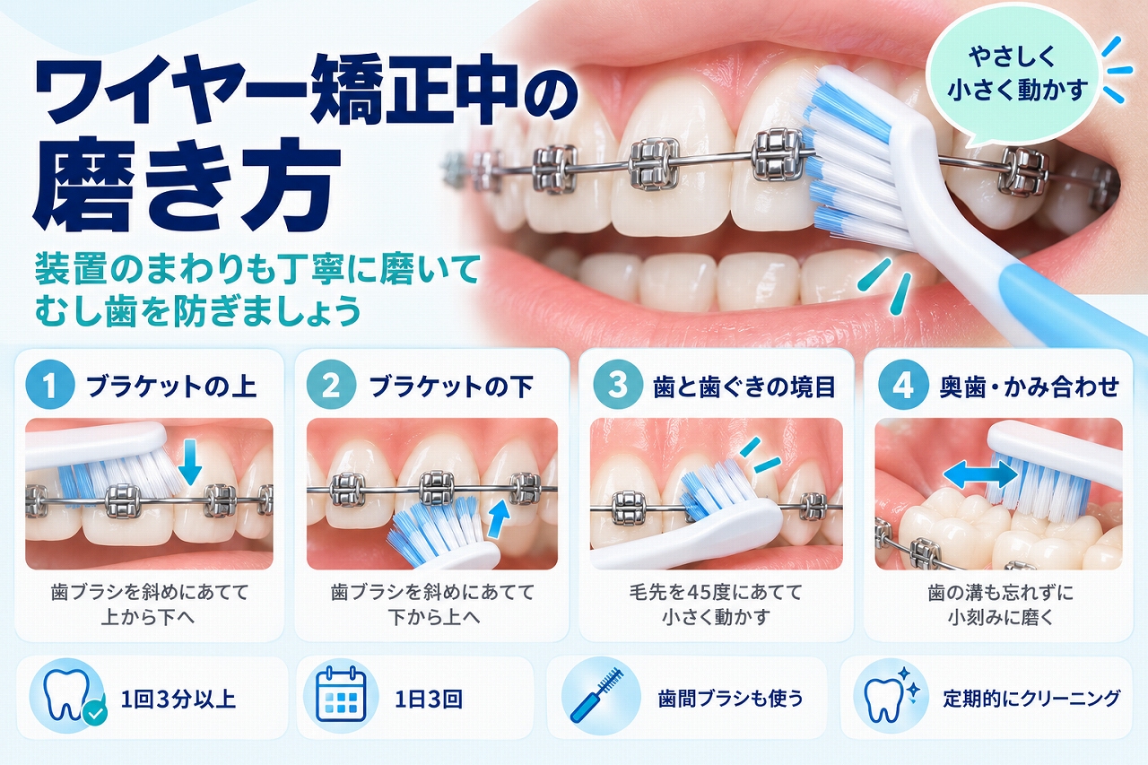 ワイヤー矯正中の歯磨きについて、ブラケットの上下や歯と歯ぐきの境目、奥歯を歯ブラシで磨く方法を示した歯科イラスト