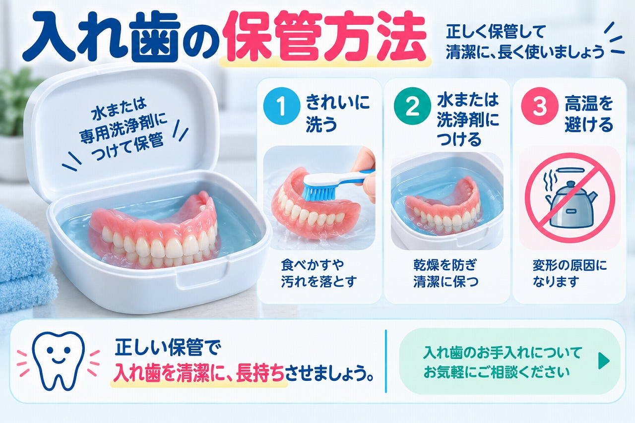 入れ歯の正しい保管方法について、入れ歯をきれいに洗い、水または専用洗浄剤につけて乾燥を防ぎ、高温を避けて保管するポイントを示した歯科イラスト