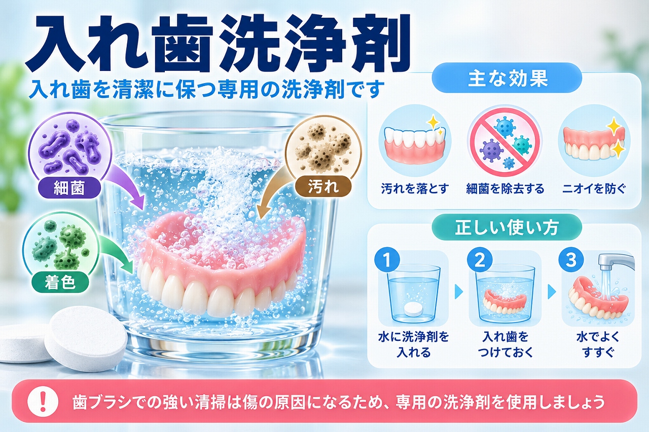 入れ歯洗浄剤について、洗浄剤を溶かした水に入れ歯を浸けて汚れや細菌、ニオイの原因を除去し、水ですすぐ正しい使い方を示した歯科イラスト