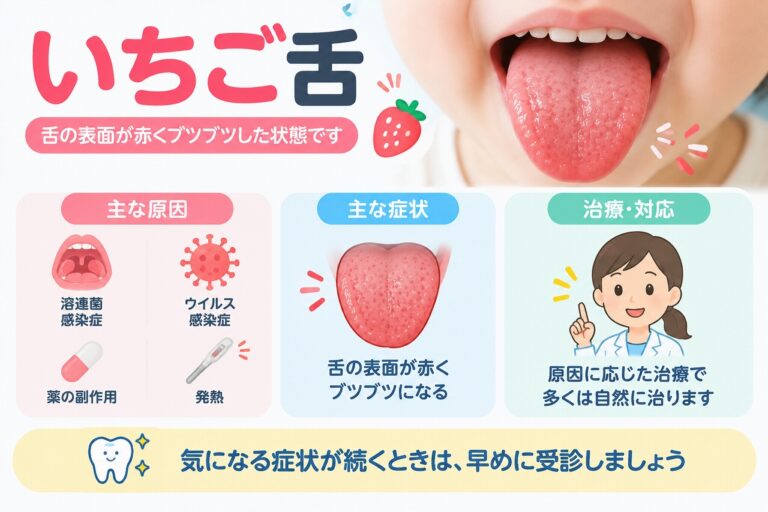 いちご舌で舌の表面が赤くなり、舌乳頭が目立ってブツブツしている状態と主な原因を示した医療イラスト