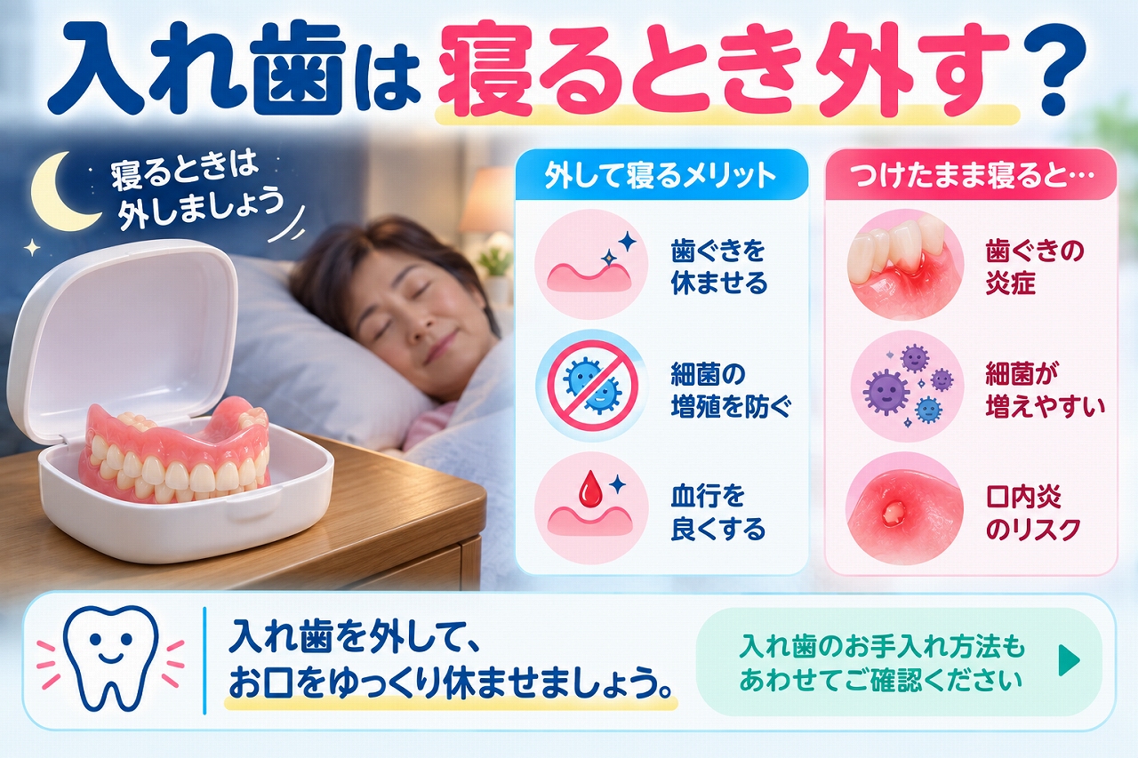 入れ歯を寝るときに外す理由について、歯ぐきを休ませることや細菌の増殖・口内炎などのリスクを示した歯科イラスト