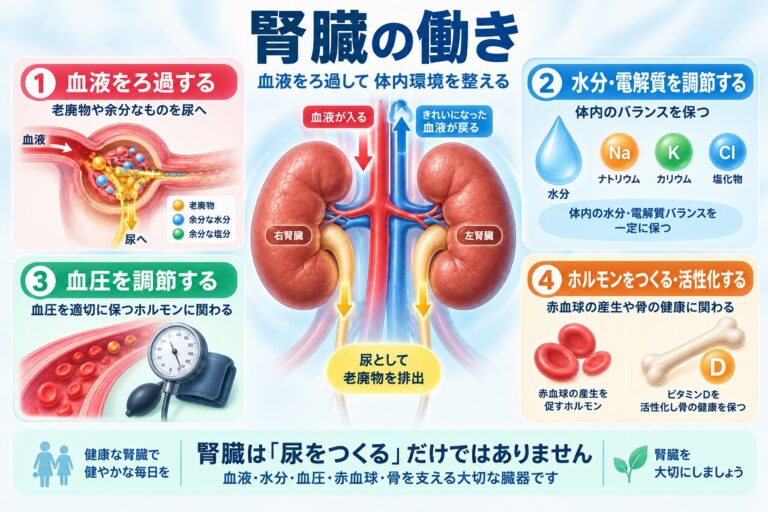 腎臓の働きとは？血液のろ過・水分調節・血圧・ホルモンの役割