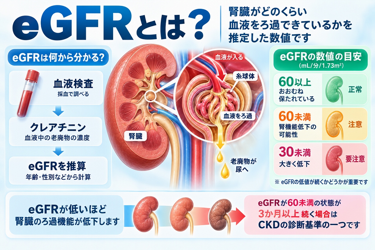 eGFRとは腎臓のろ過機能を推定する指標で、血清クレアチニンや年齢などから算出し、数値が低いほど腎機能が低下していることを示した図