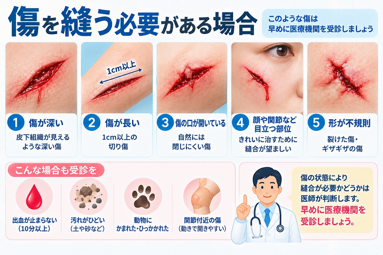 傷を縫う必要がある場合として、深い傷、傷口が大きく開いている傷、長い切り傷、顔や関節付近の傷、形が不規則な傷、出血が止まらない傷などの特徴を示した図