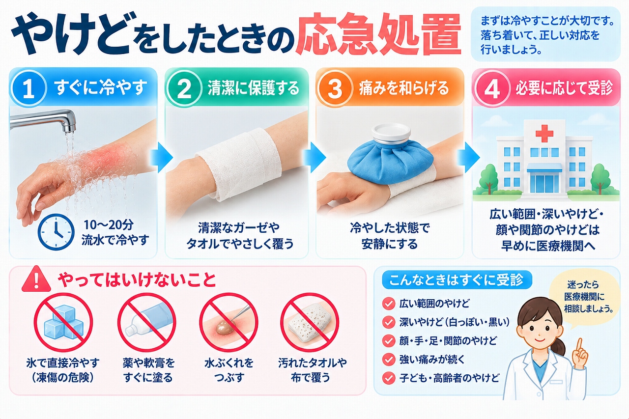 やけどをしたときの応急処置として、すぐに流水で冷やす、清潔なガーゼなどで保護する、水ぶくれをつぶさないなどの注意点と、広範囲・深いやけどなど早めに受診すべき状態を示した図