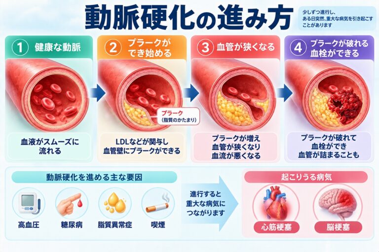 動脈硬化が進む過程を、健康な動脈からLDLなどが関与したプラーク形成、血管の狭窄、プラークの破綻と血栓形成まで4段階で示し、心筋梗塞や脳梗塞との関係を解説した図