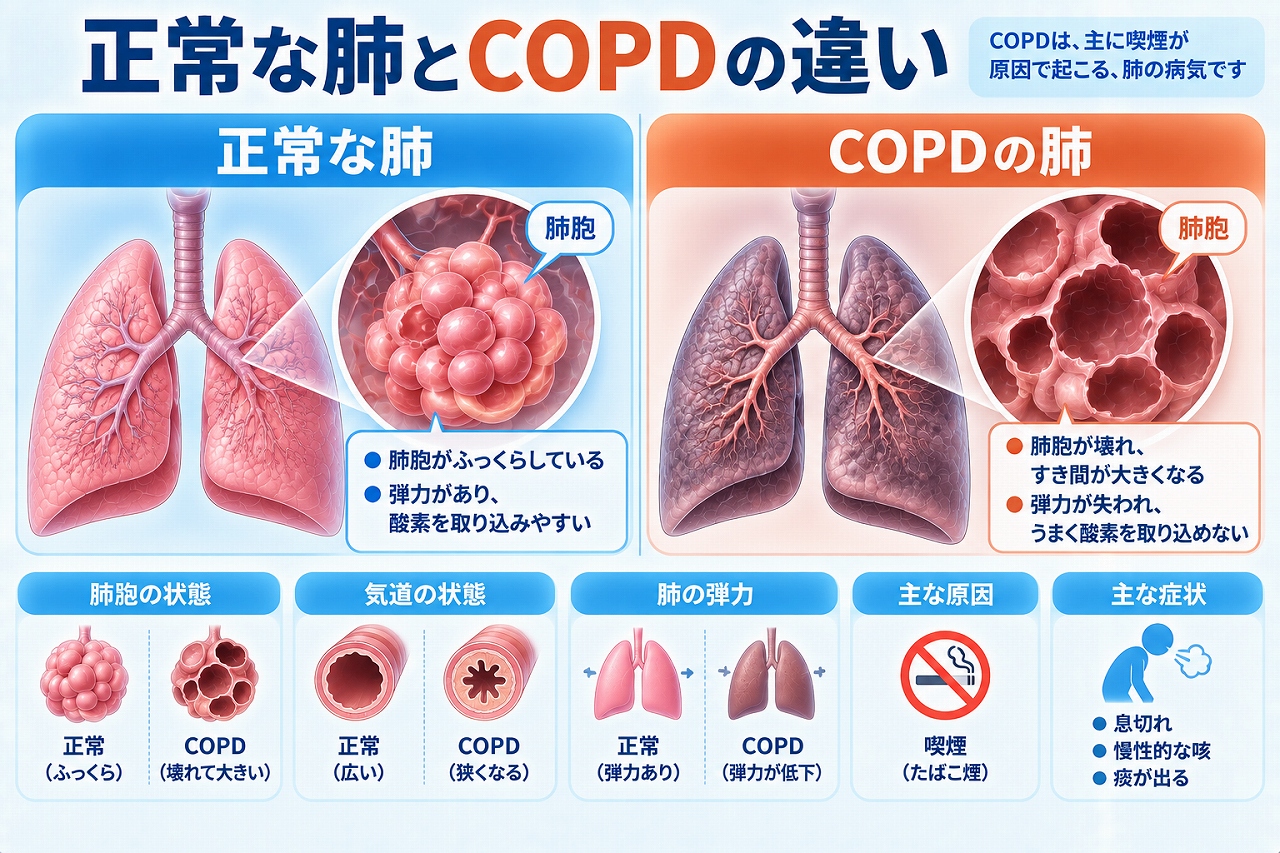 正常な肺とCOPDの肺を比較し、COPDでは肺胞の壁が壊れて弾力が低下したり気道が狭くなったりすることで、息切れ・慢性的な咳・痰などが起こる仕組みを示した図