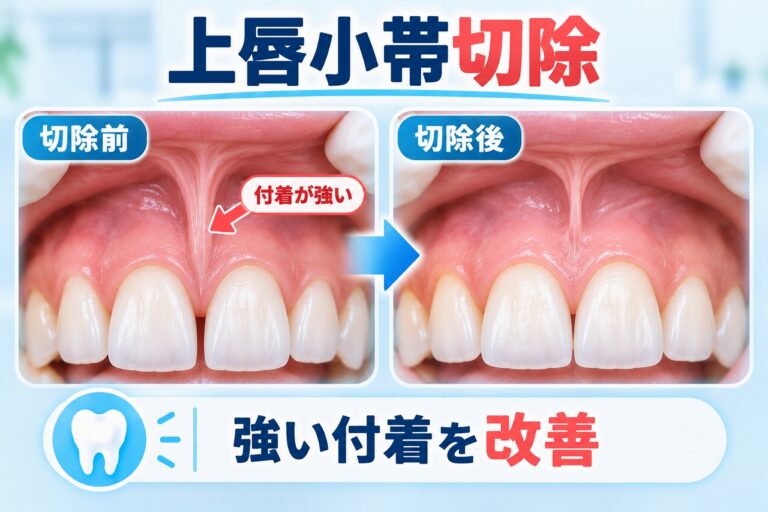 上唇小帯の付着が強い状態と、上唇小帯切除後に歯ぐきへの強い牽引が改善した状態を比較したイラスト