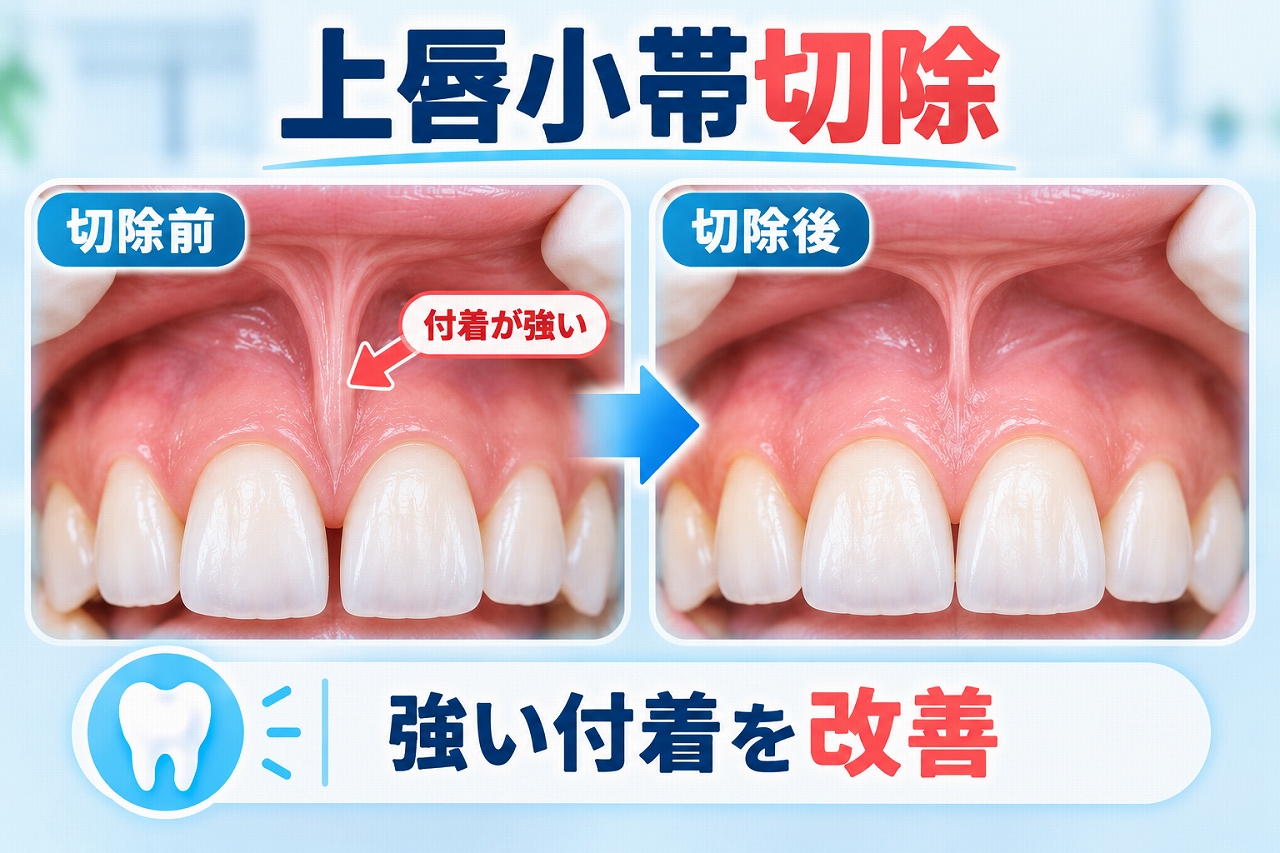 上唇小帯の付着が強い状態と、上唇小帯切除後に歯ぐきへの強い牽引が改善した状態を比較したイラスト