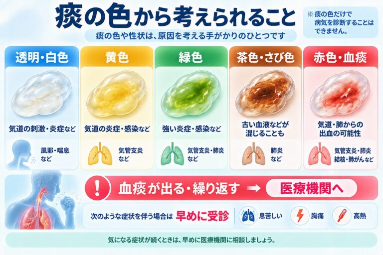 痰の色から考えられること｜透明・黄色・緑・茶色・血痰の違い