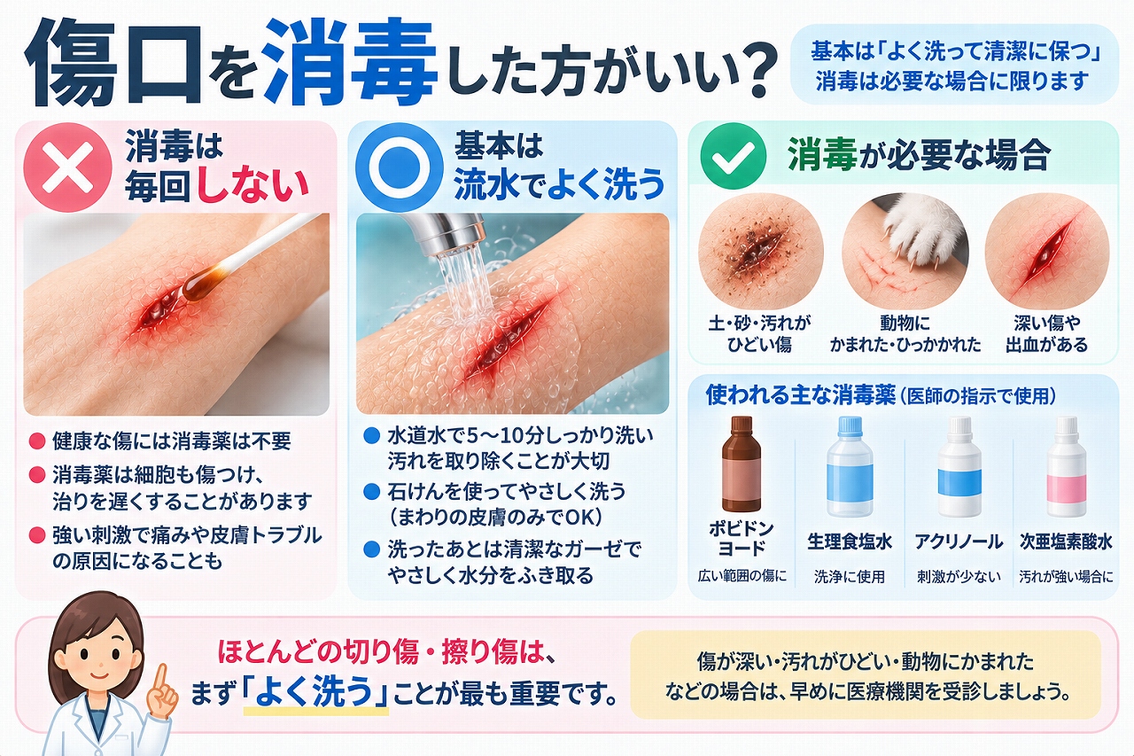 傷口の消毒について、一般的な切り傷や擦り傷はまず流水でよく洗うことが基本で、汚れがひどい傷や動物による傷、深い傷などでは医療機関への相談が必要なことを示した図