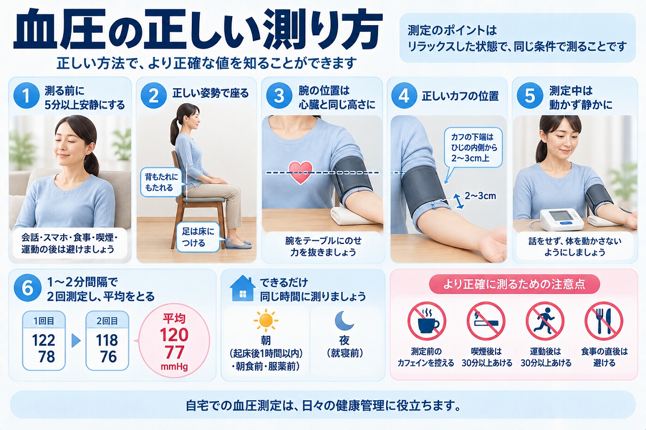 血圧の正しい測り方として、測定前に安静にする、正しい姿勢で座る、腕を心臓と同じ高さにする、カフを正しい位置に巻く、測定中は動かず静かにするなどのポイントを示した図