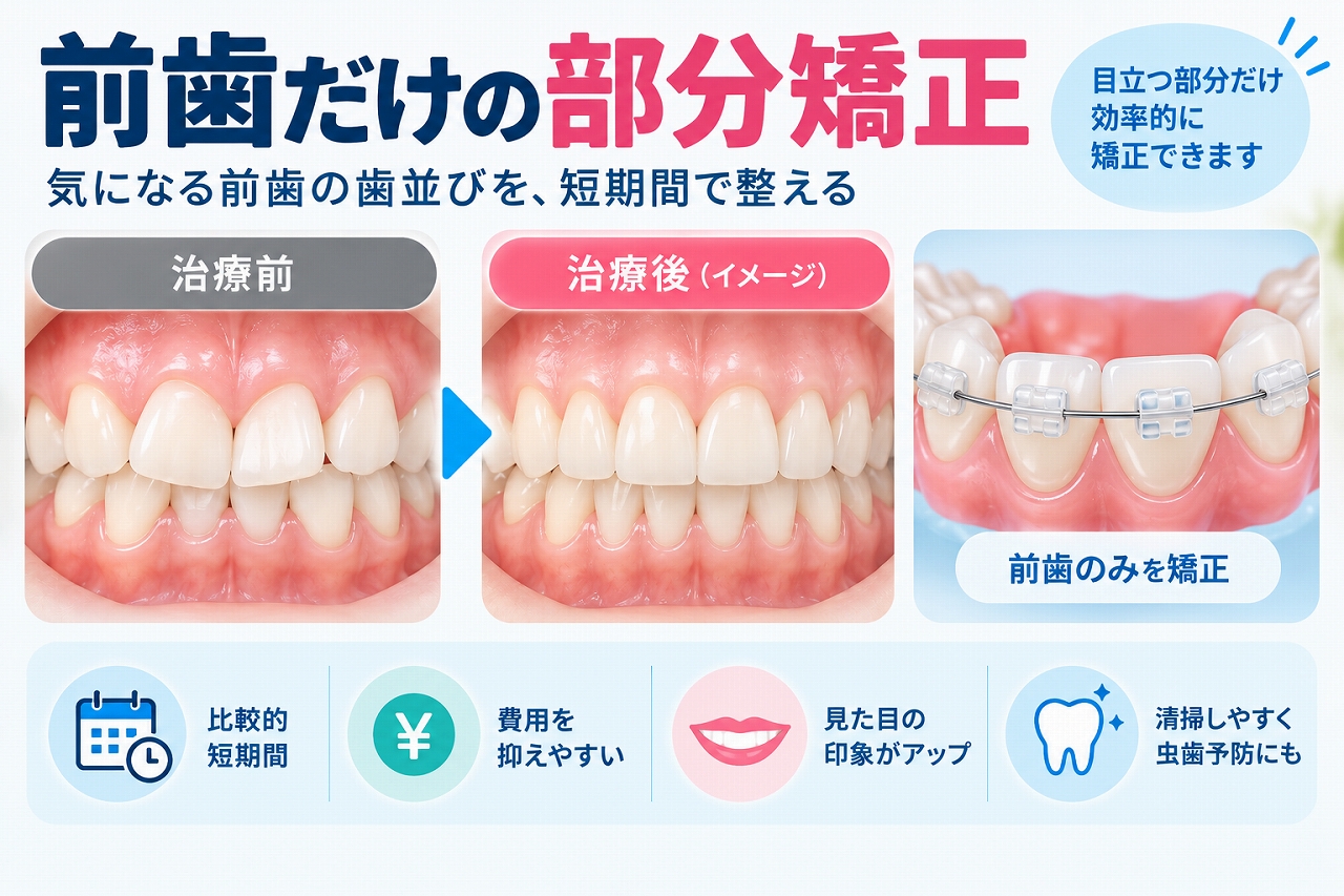 前歯だけの部分矯正について、治療前後の歯並びと前歯に装着した矯正装置を比較して示した歯科イラスト
