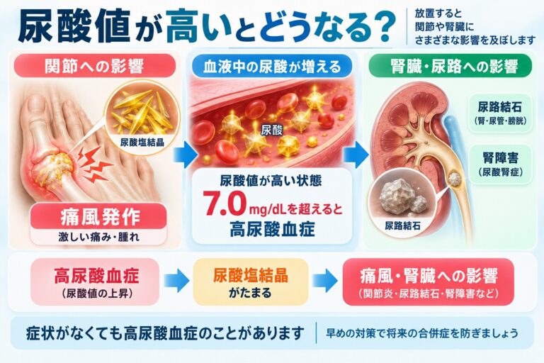尿酸値が7.0mg/dLを超える高尿酸血症と、尿酸塩結晶の蓄積による痛風発作、尿路結石や腎障害への影響を示した図