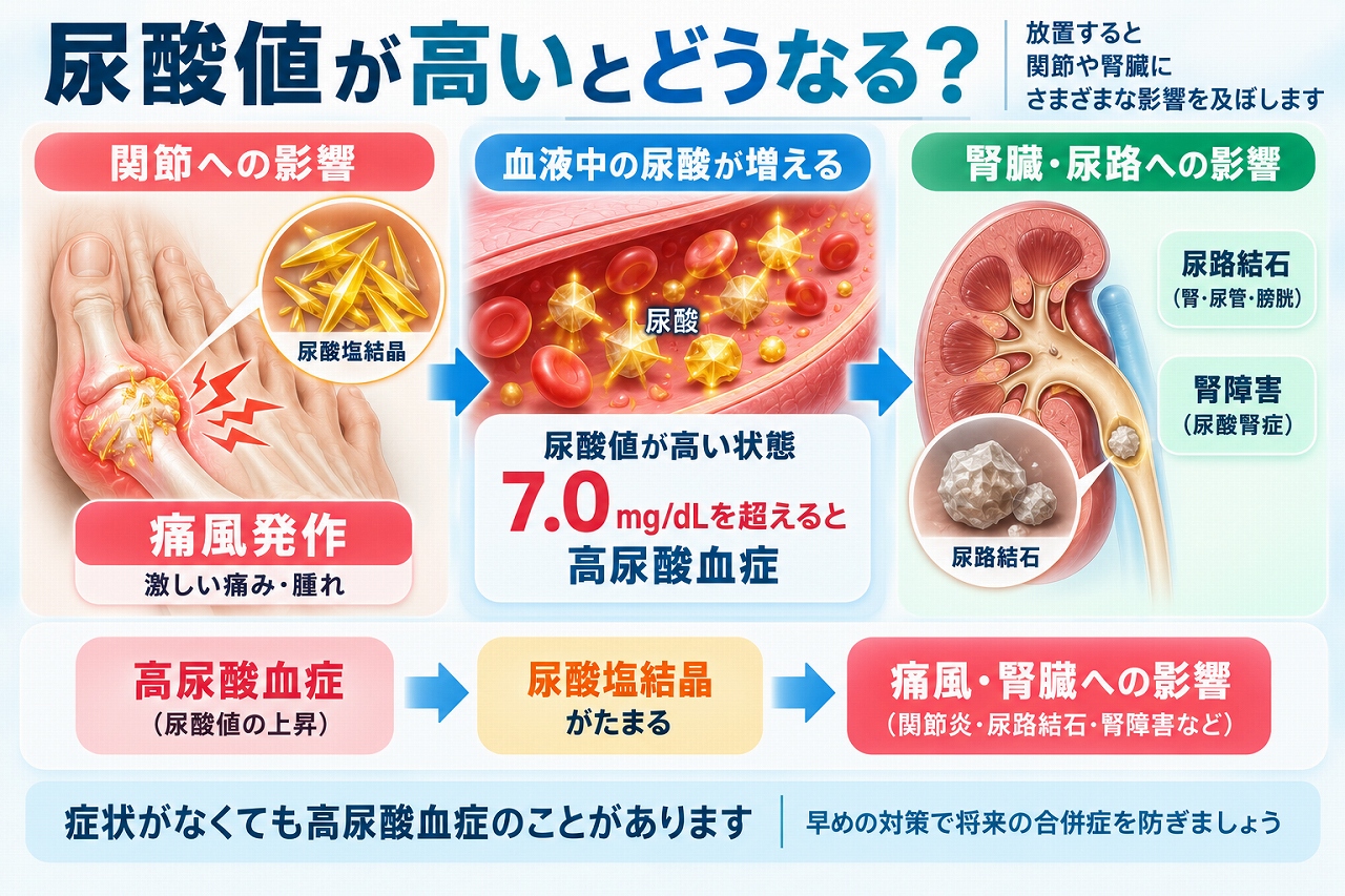 尿酸値が7.0mg/dLを超える高尿酸血症と、尿酸塩結晶の蓄積による痛風発作、尿路結石や腎障害への影響を示した図