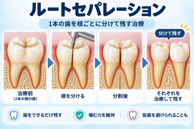 2本の歯根を持つ奥歯を根ごとに分割し、それぞれの歯根を治療して保存するルートセパレーションの流れを示したイラスト