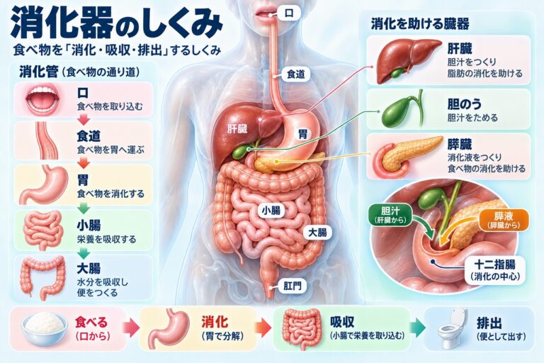消化器のしくみ｜食べ物の消化・吸収・排出までの流れ