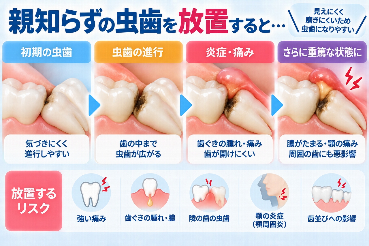 親知らずの虫歯を放置した場合について、虫歯の進行から歯ぐきの腫れや痛み、膿、隣の歯への悪影響へ進む様子を示した図