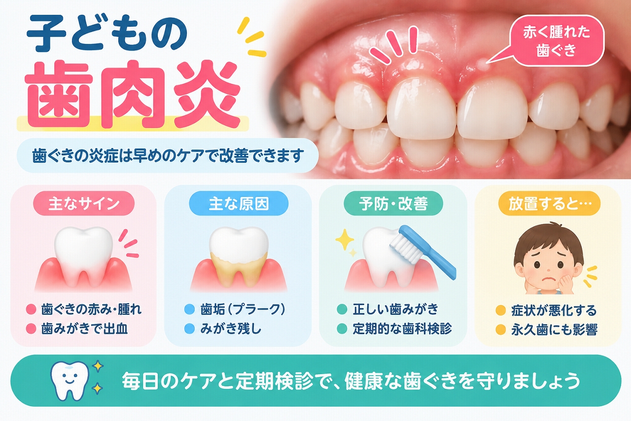 子どもの歯肉炎による歯ぐきの赤み・腫れ・歯磨き時の出血と、歯垢や磨き残しなどの原因、予防方法を示した歯科イラスト