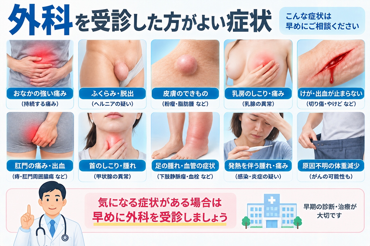 外科を受診した方がよい症状として、強い腹痛、ヘルニアを疑うふくらみ、皮膚のできもの、乳房のしこり、けがや出血、肛門の痛み、首のしこり、足の腫れなどを示した図