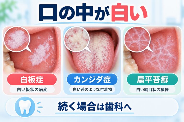 口の中が白くなる原因として白板症・口腔カンジダ症・口腔扁平苔癬の特徴を比較したイラスト