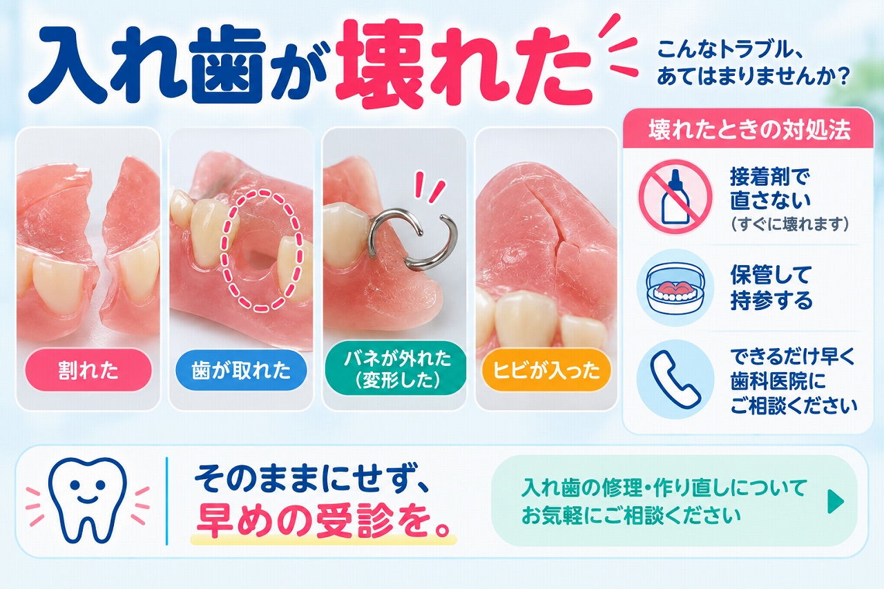 入れ歯が割れた、人工歯が取れた、金属のバネが外れた、ヒビが入った場合の症状と、接着剤で直さず歯科医院を受診する対処法を示したイラスト