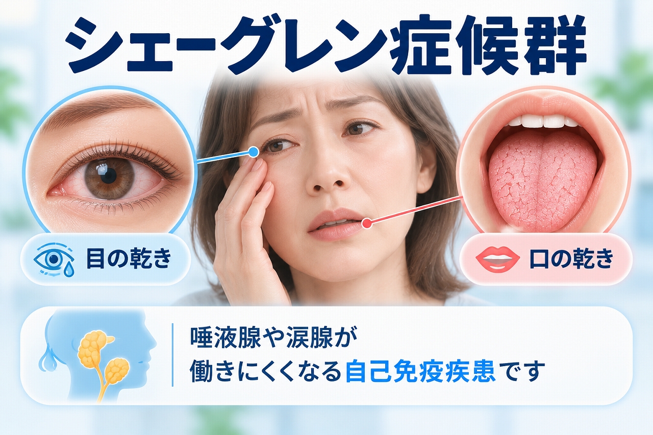 シェーグレン症候群による目の乾きと口の乾き、唾液腺や涙腺の機能低下を示したイラスト