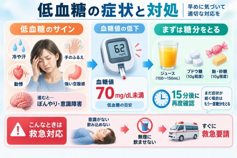 低血糖の症状と対処法｜血糖値70mg/dL未満のサインと対応