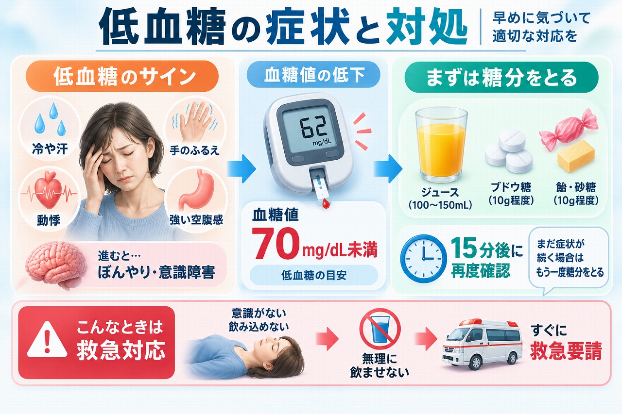 低血糖の主な症状である冷や汗・手のふるえ・動悸・強い空腹感と、糖分補給や15分後の再確認、意識障害時の救急対応を示した図