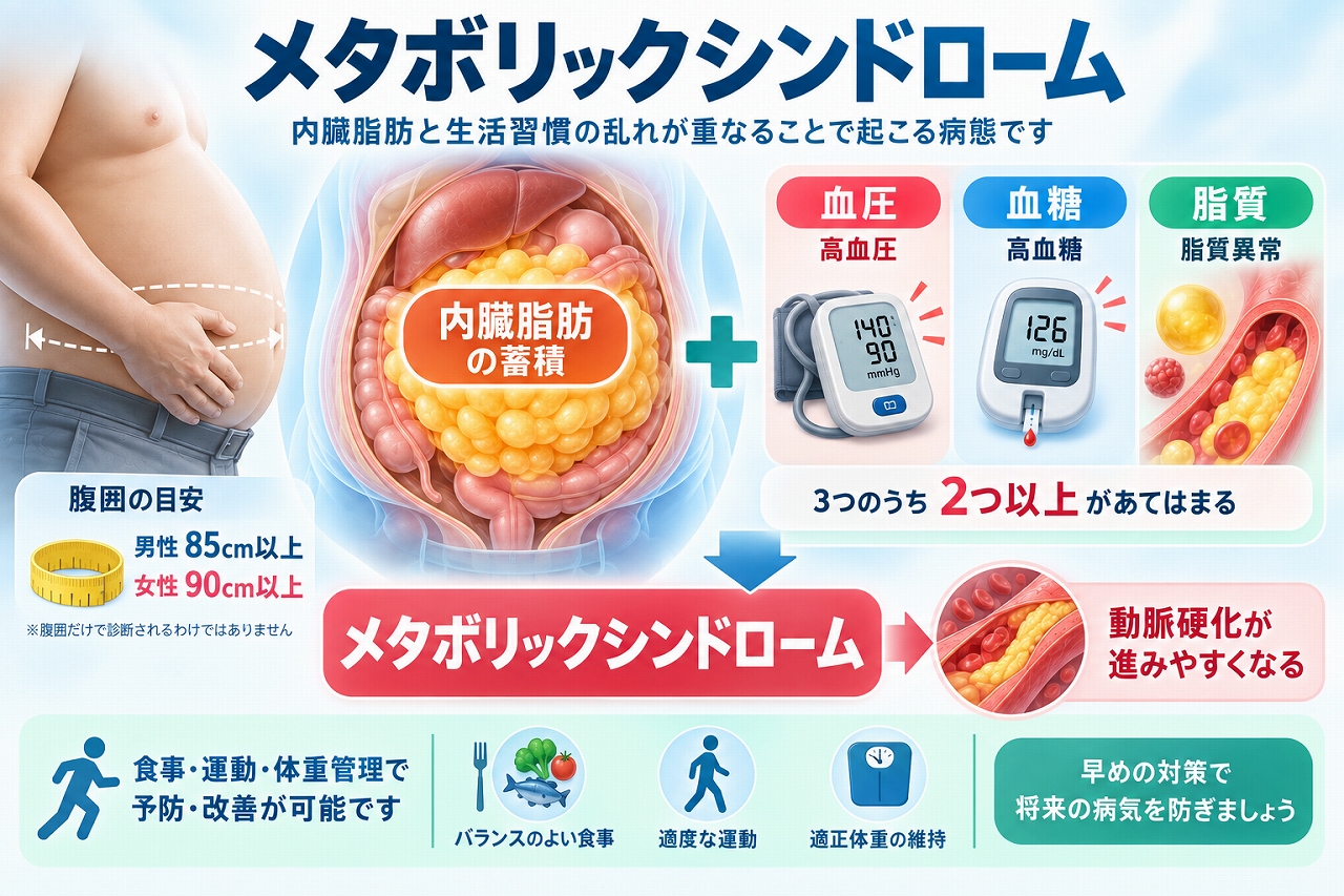 メタボリックシンドロームについて、内臓脂肪の蓄積に高血圧・高血糖・脂質異常が重なることで動脈硬化のリスクが高まる仕組みを示した図