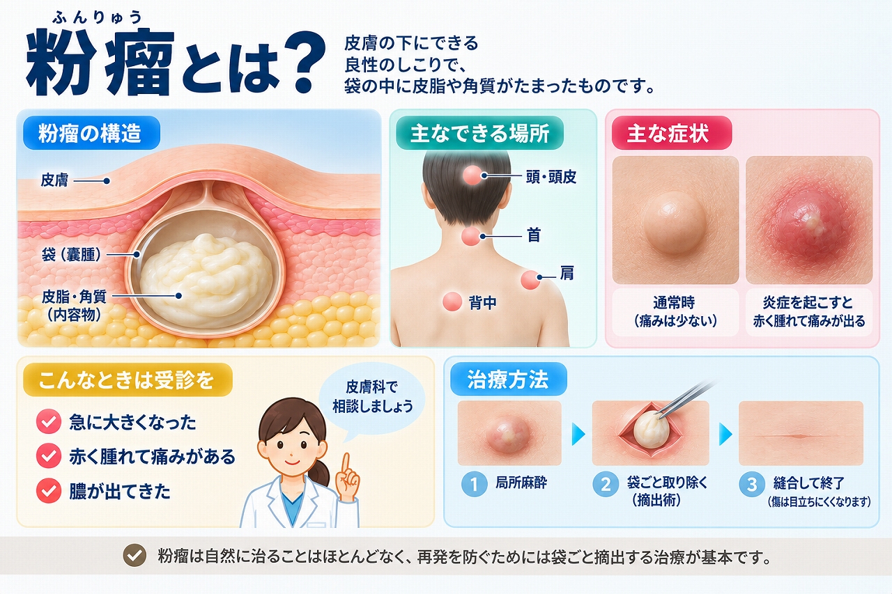 粉瘤とは皮膚の下にできた袋状の構造に角質や皮脂などがたまる良性のできもので、通常の粉瘤と炎症を起こした状態、できやすい部位や摘出治療を示した図