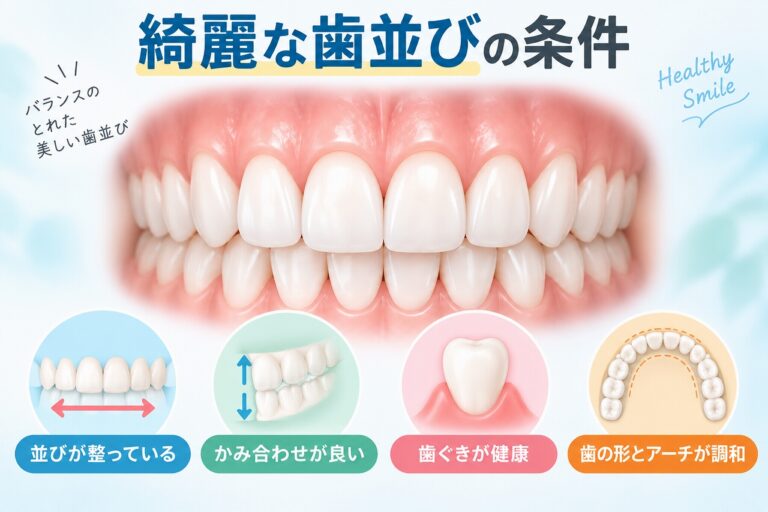 綺麗な歯並びの条件として、整った歯列、良いかみ合わせ、健康な歯ぐき、歯の形と歯列アーチの調和を示した歯科イラスト